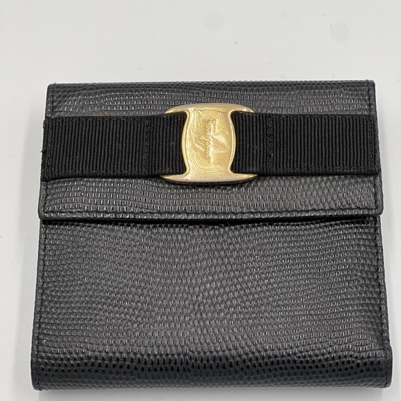 Salvatore Ferragamo Vara Ribbon Black Textured Wallet with Gold Detail